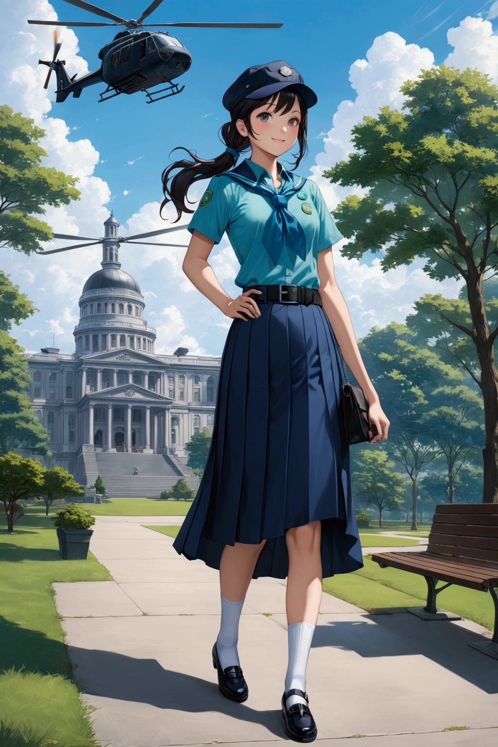 realistic anime illustration of girl scout, smiling and looking at viewer on park, helicopter behind her,  black low ponytail girl,  wearing navy-blue cap, cyan-blue short sleeves collared shirt, navy-blue neckerchief, cyan-blue pleated pencil long skirt, black belt with silver buckle, white socks, and black mary-jane shoes, (1girl, solo,full body), (masterpiece, best quality), BREAK, (navy-blue cap, cyan-blue short sleeves collared shirt, navy-blue neckerchief, cyan-blue pleated pencil long skirt, black belt with silver buckle, white socks, and black mary-jane shoes)