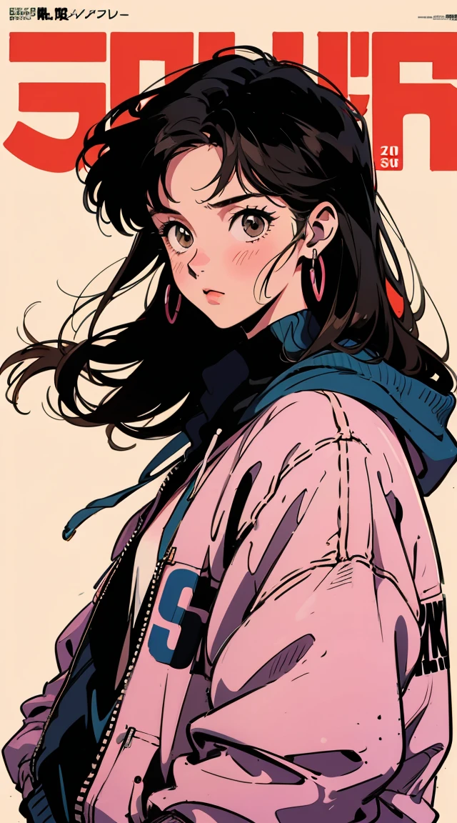 The highest image quality, 90s style anime, 21 year old girl, black hair, long hair, light brown eyes, with a loose hoodie, 90s fashion, white background, (magazine cover),