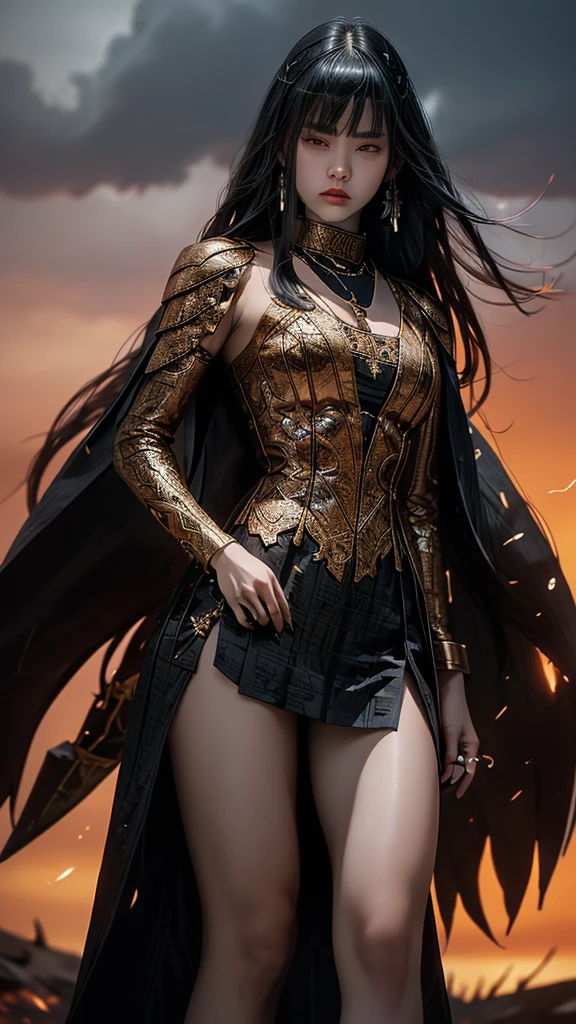 The female warrior's armor is a testament to her strength and determination. Each piece is intricately crafted, with symbols and designs that tell the story of her past battles. As she stands in the field, the stormy sky above seems to reflect her fierce spirit, ready to conquer any challenge that comes her way.