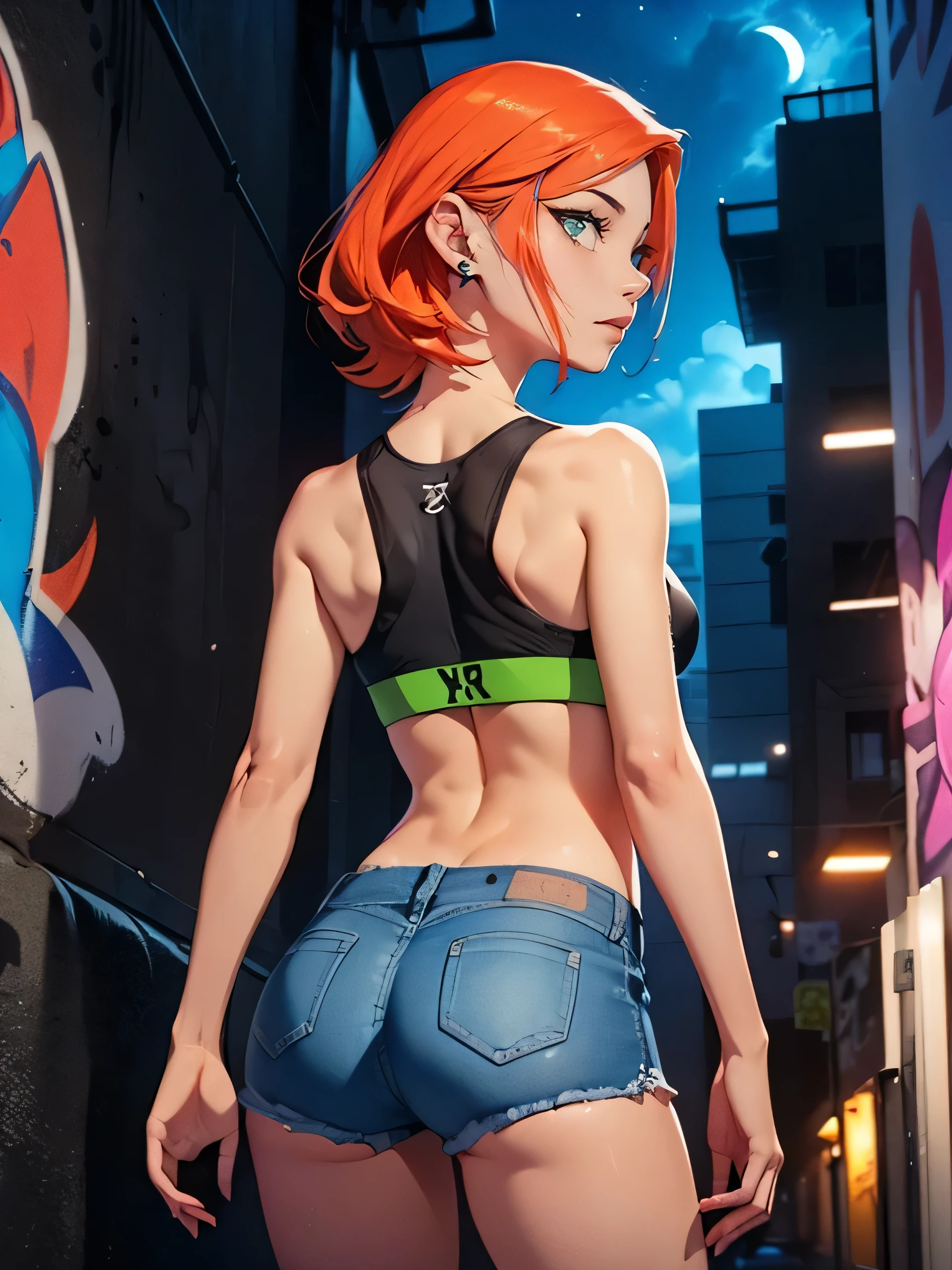 ((gwendolyn_tennyson, back, from behind, shaved side hair, medium breasts, wide hips, malicious)), ((pink lipstick, Extremely detailed, ambient soft lighting, 4k, perfect eyes, a perfect face, perfect lighting, a 1girl)) austere, ((malicious, (sports bra), jeans, short shorts, unbuttoned shorts)), night sky, clouds, erotica, lots of erotica, (graffiti alley, graffiti walls, in an alley, night, moonlight, starry night)