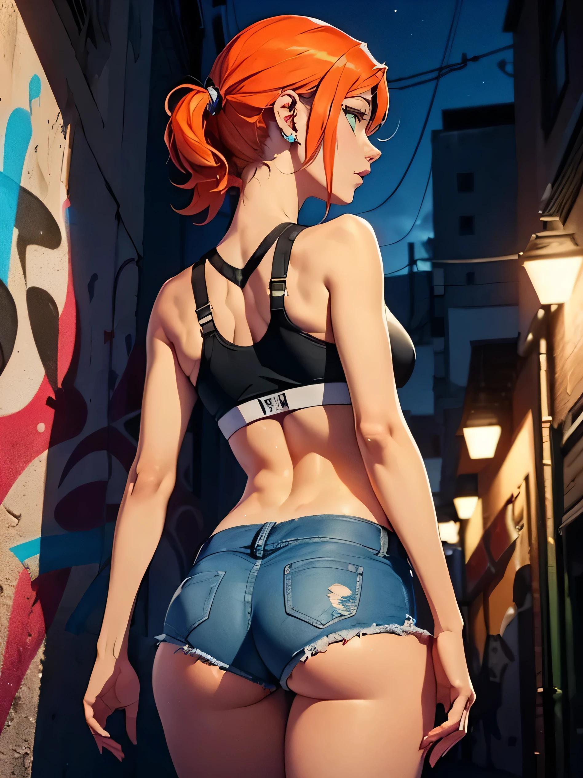 ((gwendolyn_tennyson, back, from behind, shaved side hair, medium breasts, wide hips, malicious)), ((pink lipstick, Extremely detailed, ambient soft lighting, 4k, perfect eyes, a perfect face, perfect lighting, a 1girl)) austere, ((malicious, (sports bra), jeans, short shorts, unbuttoned shorts)), night sky, clouds, erotica, lots of erotica, (graffiti alley, graffiti walls, in an alley, night, moonlight, starry night)