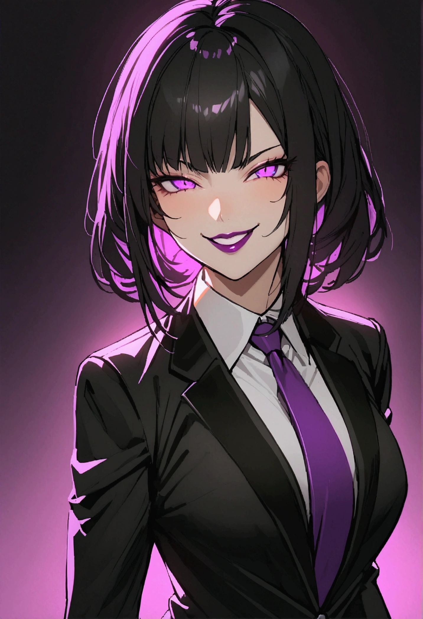 Beautiful girl, shorth hair, Wearing a formal suit, necktie, large breasted, sexly, lipstick, smilling face, gorgeous eyes, shining purple eyes,evil smile,Bblack hair, Clean and combed hair, rot (X) Behind her, Combat posture,X,