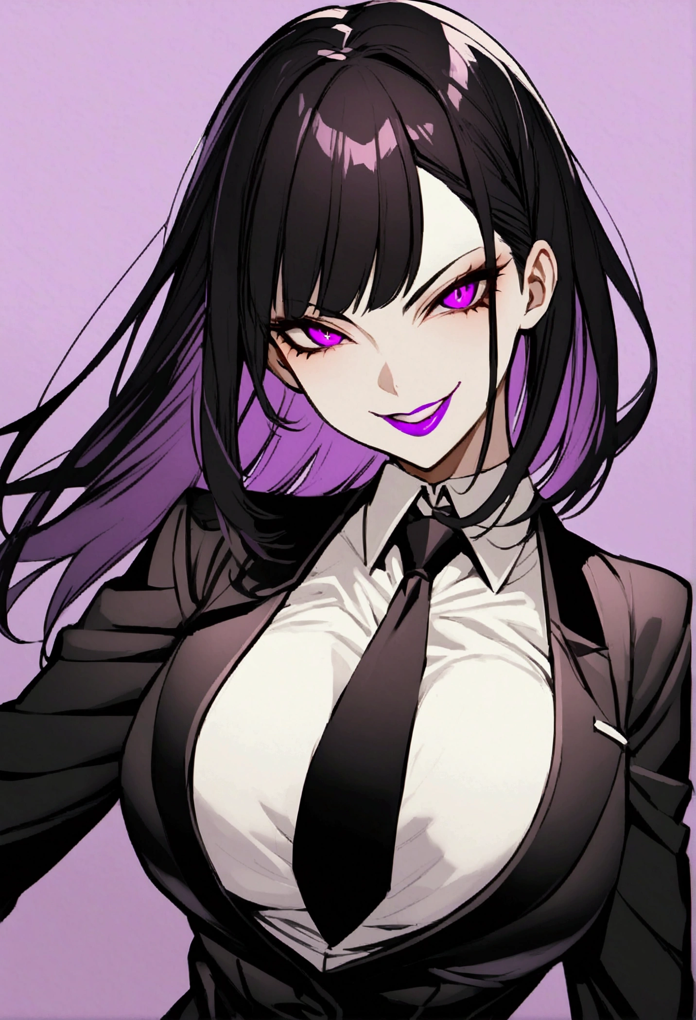 Beautiful girl, shorth hair, Wearing a formal suit, necktie, large breasted, sexly, lipstick, smilling face, gorgeous eyes, shining purple eyes,evil smile,Bblack hair, Clean and combed hair, rot (X) Behind her, Combat posture,X,