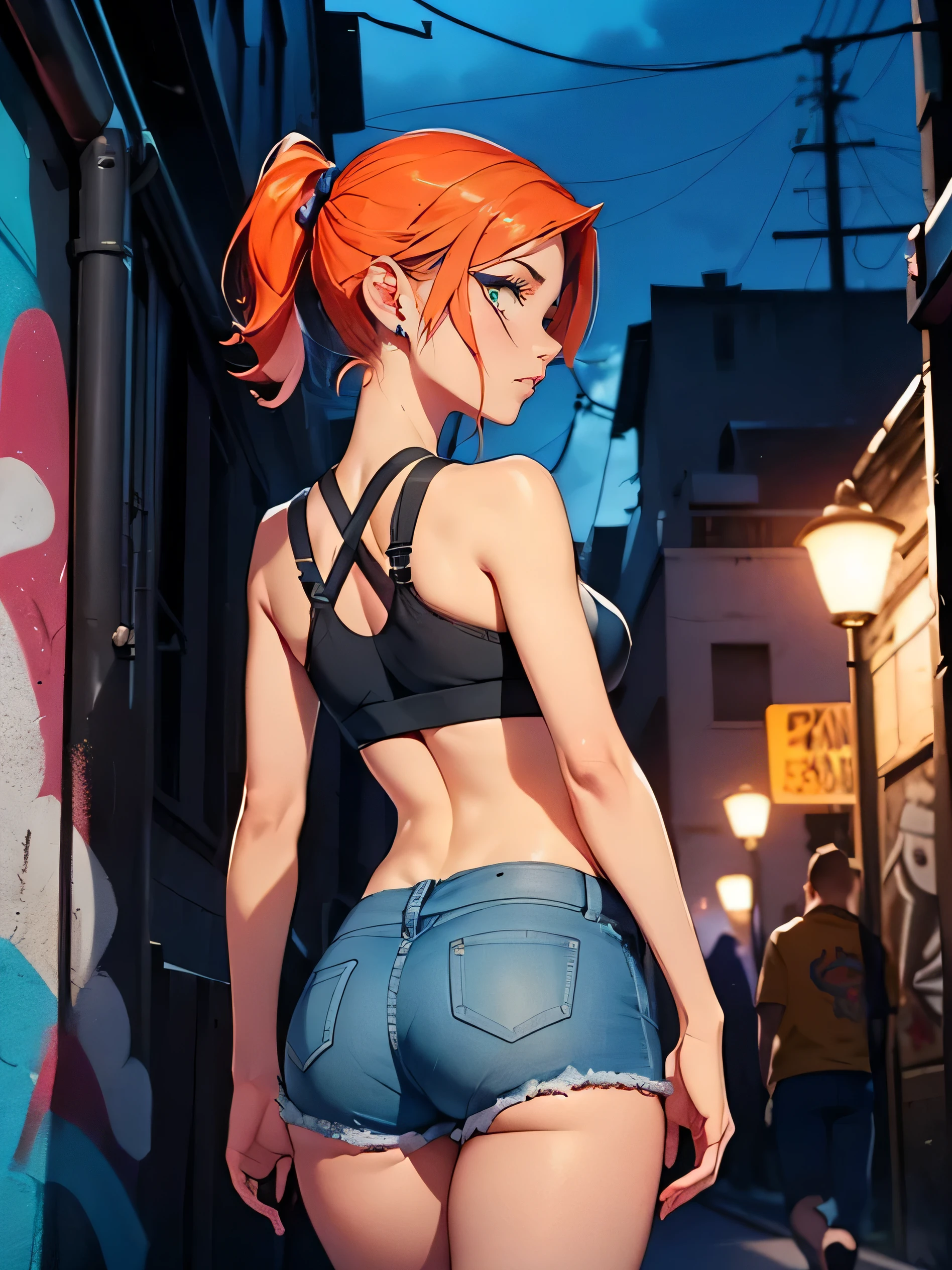 ((gwendolyn_tennyson, back, from behind, shaved side hair, medium breasts, wide hips, malicious)), ((pink lipstick, Extremely detailed, ambient soft lighting, 4k, perfect eyes, a perfect face, perfect lighting, a 1girl)) austere, ((malicious, (sports bra), jeans, short shorts, unbuttoned shorts)), night sky, clouds, erotica, lots of erotica, (graffiti alley, graffiti walls, in an alley, night, moonlight, starry night)