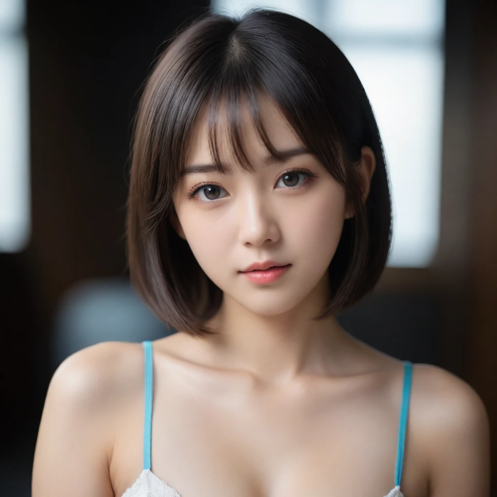8k, Ultra-high resolution, Highest quality, masterpiece, 三分割法によるphotograph,Surreal, photograph, 1 Girl, (:1.3), pretty girl, Cute Face, Beautiful eyes in every detail, 細かくdetailedに,masterpiece,One Girl:1.2,Japan Female Teachers,extream close up,sad,glaring,Black short hair,Bob with bangs,(印象派の美しい少女のPortraiture),(Impressionist light and colour), (Avant-garde attire:1.3),(Fairy,Shiny Hair, Beautiful dark eyes, So cute and beautiful,16 years old0.8),Sharp contours,Looking down, (A future never imagined), ((Abstract background)), Light from above, Low contrast, (Side view),, Perfect and beautiful face ,完璧でCute Face, Skin with attention to detail, Perfect limbs、Narrow waist,Looking at the audience,(((Ideal body type))),A cup small breasts :2,Portraiture:2,Perfect Anatomy,鮮明なdetailed,detailed,Surreal,Light and shadow,stage lights
