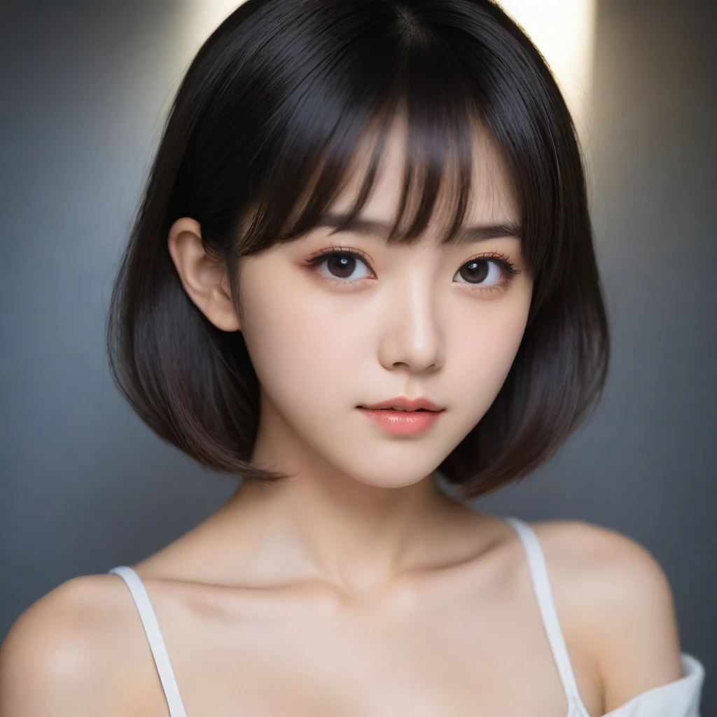 8k, Ultra-high resolution, Highest quality, masterpiece, 三分割法によるphotograph,Surreal, photograph, 1 Girl, (16 years old:1.3), pretty girl, Cute Face, Beautiful eyes in every detail, 細かくdetailedに,masterpiece,One Girl:1.2,Japan Female Teachers,extream close up,sad,glaring,Black short hair,Bob with bangs,(印象派の美しい少女のPortraiture),(Impressionist light and colour), (Avant-garde attire:1.3),(Fairy,Shiny Hair, Beautiful dark eyes, So cute and beautiful,16 years old, ), (smile:0.8),Sharp contours,Looking down, (A future never imagined), ((Abstract background)), Light from above, Low contrast, (Side view),, Perfect and beautiful face ,完璧でCute Face, Skin with attention to detail, Perfect limbs、Narrow waist,Looking at the audience,(((Ideal body type))),A cup small breasts :2,Portraiture:2,Perfect Anatomy,鮮明なdetailed,detailed,Surreal,Light and shadow,stage lights