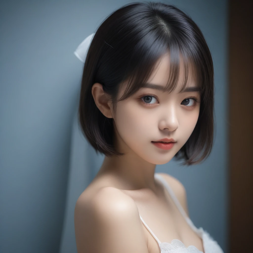 8k, Ultra-high resolution, Highest quality, masterpiece, 三分割法によるphotograph,Surreal, photograph, 1 Girl, (16 years old:1.3), pretty girl, Cute Face, Beautiful eyes in every detail, 細かくdetailedに,masterpiece,One Girl:1.2,Japan Female Teachers,extream close up,sad,glaring,Black short hair,Bob with bangs,(印象派の美しい少女のPortraiture),(Impressionist light and colour), (Avant-garde attire:1.3),(Fairy,Shiny Hair, Beautiful dark eyes, So cute and beautiful,16 years old, ), (smile:0.8),Sharp contours,Looking down, (A future never imagined), ((Abstract background)), Light from above, Low contrast, (Side view),, Perfect and beautiful face ,完璧でCute Face, Skin with attention to detail, Perfect limbs、Narrow waist,Looking at the audience,(((Ideal body type))),A cup small breasts :2,Portraiture:2,Perfect Anatomy,鮮明なdetailed,detailed,Surreal,Light and shadow,stage lights