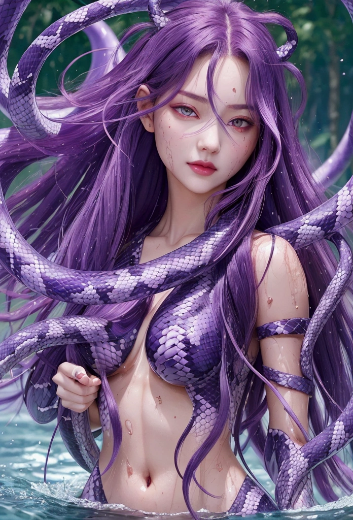 ((ultra realisitic)), ((picture-perfect)), ((face perfect)), ((ultra detaild)), ((fully body)), ((perfectbody)), girl with long purple snake-shaped hair, girl walking in water, red eyes purple hair