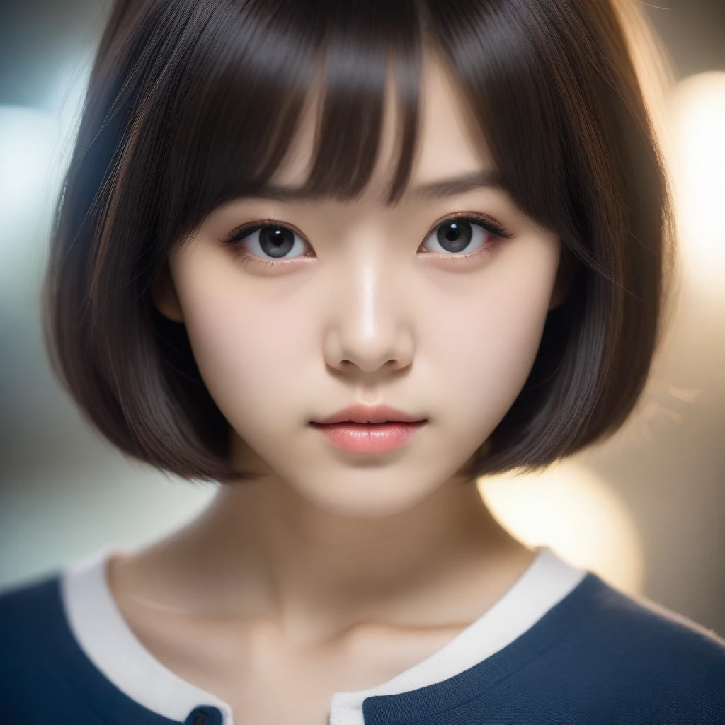 8k, Ultra-high resolution, Highest quality, masterpiece, 三分割法によるphotograph,Surreal, photograph, 1 Girl, (:1.3), pretty girl, Cute Face, Beautiful eyes in every detail, 細かくdetailedに,masterpiece,One Girl:1.2,Japan Female Teachers,extream close up,sad,glaring,Black short hair,Bob with bangs,(印象派の美しい少女のPortraiture),(Impressionist light and colour), (Avant-garde attire:1.3),(Fairy,Shiny Hair, Beautiful dark eyes, So cute and beautiful,16 years old0.8),Sharp contours,Looking down, (A future never imagined), ((Abstract background)), Light from above, Low contrast, (Side view),, Perfect and beautiful face ,完璧でCute Face, Skin with attention to detail, Perfect limbs、Narrow waist,Looking at the audience,(((Ideal body type))),A cup small breasts :2,Portraiture:2,Perfect Anatomy,鮮明なdetailed,detailed,Surreal,Light and shadow,stage lights