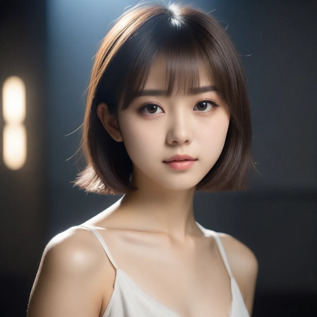 8k, Ultra-high resolution, Highest quality, masterpiece, 三分割法によるphotograph,Surreal, photograph, 1 Girl, (16 years old:1.3), pretty girl, Cute Face, Beautiful eyes in every detail, 細かくdetailedに,masterpiece,One Girl:1.2,Japan Female Teachers,extream close up,sad,glaring,Black short hair,Bob with bangs,(印象派の美しい少女のPortraiture),(Impressionist light and colour), (Avant-garde attire:1.3),(Fairy,Shiny Hair, Beautiful dark eyes, So cute and beautiful,16 years old, ), (smile:0.8),Sharp contours,Looking down, (A future never imagined), ((Abstract background)), Light from above, Low contrast, (Side view),, Perfect and beautiful face ,完璧でCute Face, Skin with attention to detail, Perfect limbs、Narrow waist,Looking at the audience,(((Ideal body type))),A cup small breasts :2,Portraiture:2,Perfect Anatomy,鮮明なdetailed,detailed,Surreal,Light and shadow,stage lights