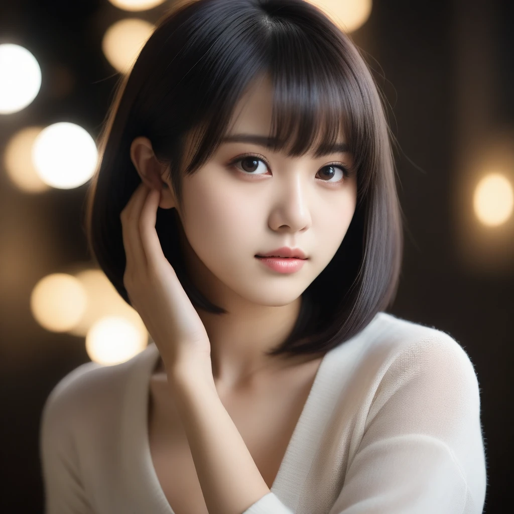 8k, Ultra-high resolution, Highest quality, masterpiece, 三分割法によるphotograph,Surreal, photograph, 1 Girl, (:1.3), pretty girl, Cute Face, Beautiful eyes in every detail, 細かくdetailedに,masterpiece,One Girl:1.2,Japan Female Teachers,extream close up,sad,glaring,Black short hair,Bob with bangs,(印象派の美しい少女のPortraiture),(Impressionist light and colour), (Avant-garde attire:1.3),(Fairy,Shiny Hair, Beautiful dark eyes, So cute and beautiful,16 years old0.8),Sharp contours,Looking down, (A future never imagined), ((Abstract background)), Light from above, Low contrast, (Side view),, Perfect and beautiful face ,完璧でCute Face, Skin with attention to detail, Perfect limbs、Narrow waist,Looking at the audience,(((Ideal body type))),A cup small breasts :2,Portraiture:2,Perfect Anatomy,鮮明なdetailed,detailed,Surreal,Light and shadow,stage lights