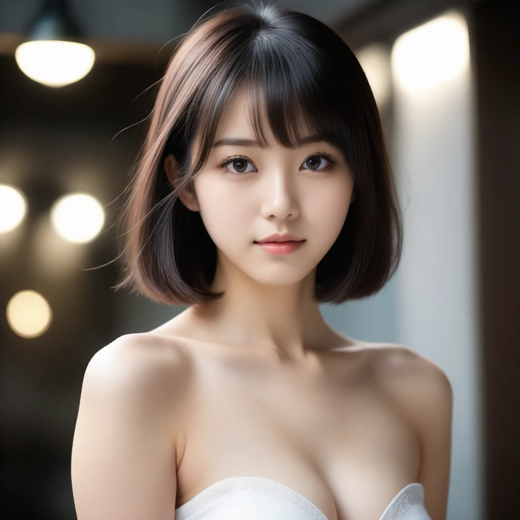 8k, Ultra-high resolution, Highest quality, masterpiece, 三分割法によるphotograph,Surreal, photograph, 1 Girl, (:1.3), pretty girl, Cute Face, Beautiful eyes in every detail, 細かくdetailedに,masterpiece,One Girl:1.2,Japan Female Teachers,extream close up,sad,glaring,Black short hair,Bob with bangs,(印象派の美しい少女のPortraiture),(Impressionist light and colour), (Avant-garde attire:1.3),(Fairy,Shiny Hair, Beautiful dark eyes, So cute and beautiful,16 years old0.8),Sharp contours,Looking down, (A future never imagined), ((Abstract background)), Light from above, Low contrast, (Side view),, Perfect and beautiful face ,完璧でCute Face, Skin with attention to detail, Perfect limbs、Narrow waist,Looking at the audience,(((Ideal body type))),A cup small breasts :2,Portraiture:2,Perfect Anatomy,鮮明なdetailed,detailed,Surreal,Light and shadow,stage lights