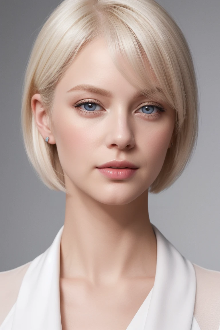 A british rich woman with very fair skin and platinum blonde hair, blue eyes, and a gentle expression. She has full lips, but not overly so, and wears eyeliner and natural-colored lipstick. Her short hair reaches her shoulders, with no bangs, and is side-parted. She is wearing high-necked shirts.