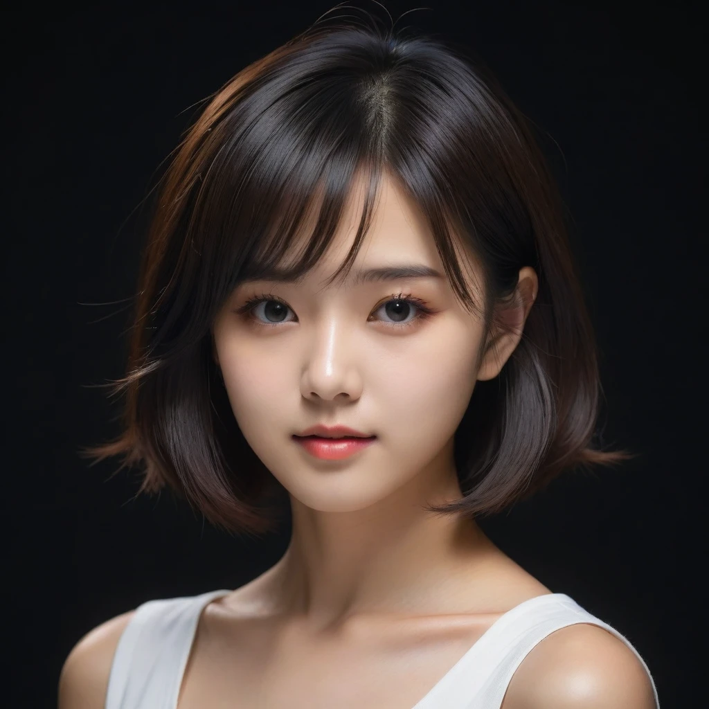 8k, Ultra-high resolution, Highest quality, masterpiece, 三分割法によるphotograph,Surreal, photograph, 1 Girl, (16 years old:1.3), pretty girl, Cute Face, Beautiful eyes in every detail, 細かくdetailedに,masterpiece,One Girl:1.2,Japan Female Teachers,extream close up,sad,glaring,Black short hair,Bob with bangs,(印象派の美しい少女のPortraiture),(Impressionist light and colour), (Avant-garde attire:1.3),(Fairy,Shiny Hair, Beautiful dark eyes, So cute and beautiful,16 years old, ), (smile:0.8),Sharp contours,Looking down, (A future never imagined), ((Abstract background)), Light from above, Low contrast, (Side view),, Perfect and beautiful face ,完璧でCute Face, Skin with attention to detail, Perfect limbs、Narrow waist,Looking at the audience,(((Ideal body type))),A cup small breasts :2,Portraiture:2,Perfect Anatomy,鮮明なdetailed,detailed,Surreal,Light and shadow,stage lights