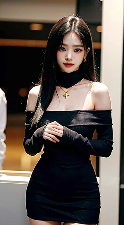 1 girl、A cute girl wearing an off-the-shoulder knit dress and knee-high boots is looking at me.、baby face、Beautiful black straight long hair、Staring at me with a charming smile、Slender but big breasts、beautiful skin、Off-shoulder knit dress that fits the body、knee high boots、Gold Cross Necklace、cowboy shot、anatomically correct、precise fingers、exact limbasterpiece、photo reality、