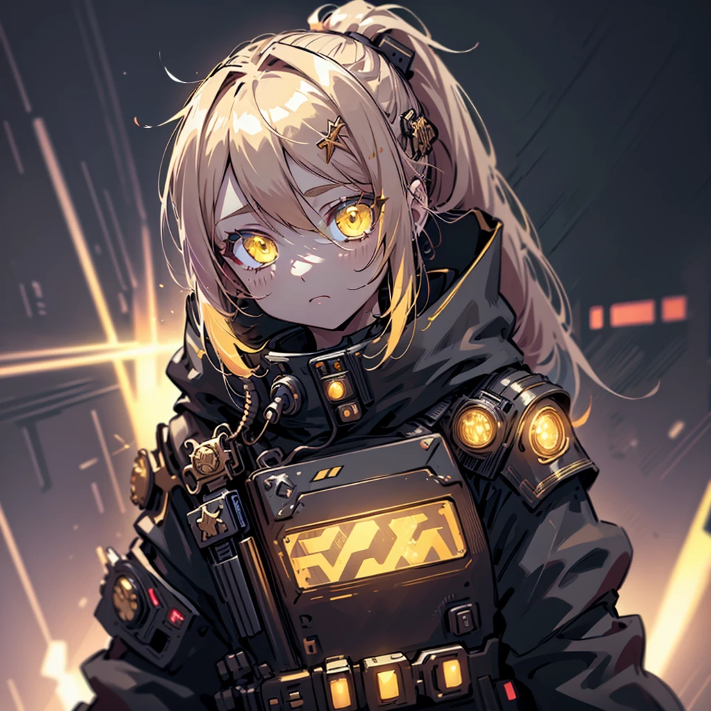 beautiful cyborg girl with long golden hair, gathered in a ponytail, piercing light yellow eyes, wear gold cyberpunk armor, against neon futuristic sci-fi film background, 8 K, ultra detailed, masterpiece, hyperrealistic, cinematic lighting, photorealistic,very cute and beautiful chibi anime girl, simple flat background, whole body, standing, very detailed face and eyes, Clearly stated, One