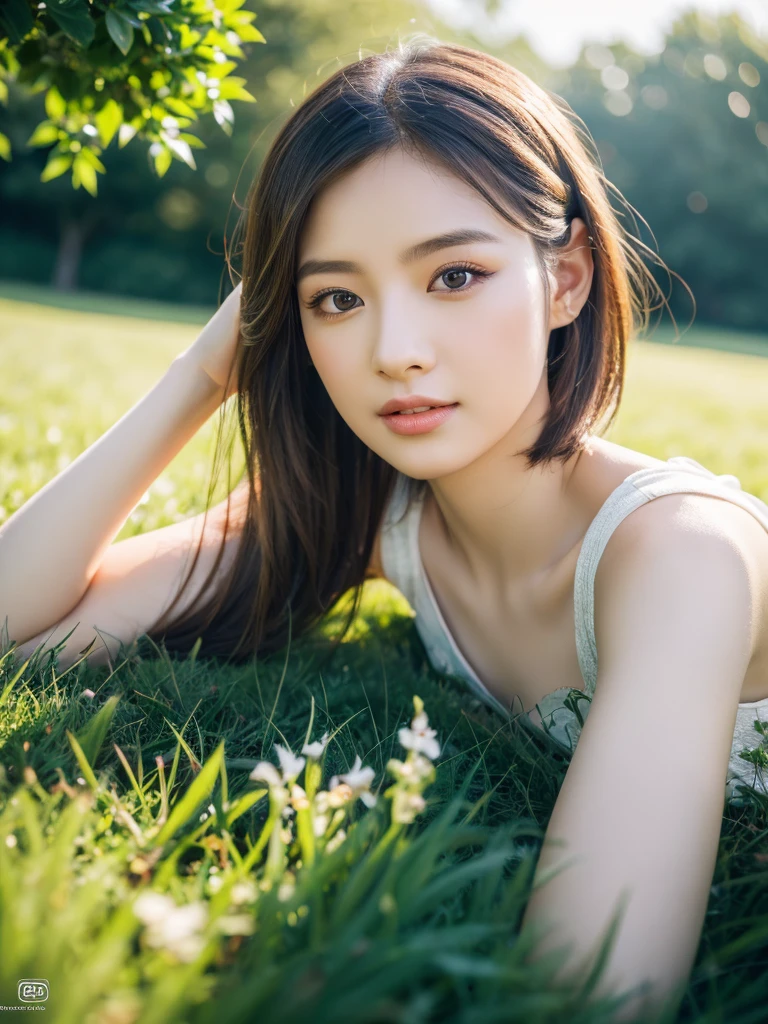 1 asian girl lying on grass, short hair, elf dress, beautiful detailed eyes, beautiful detailed lips, extremely detailed face and eyes, long eyelashes, serene expression, natural lighting, (best quality,4k,8k,highres,masterpiece:1.2),ultra-detailed,(realistic,photorealistic,photo-realistic:1.37),intricate details,delicate features,soft colors,warm lighting,fantasy,whimsical,magical realism