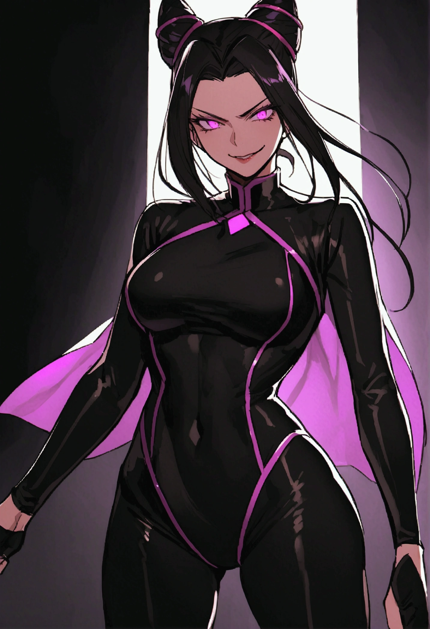 juri han,beautiful young fitness woman with ,dressing May in black pantyhose, Tight black shirt. standing alone,hair horns,glowing purple eyes,Evil smile,legging preto juri han,labiaa
