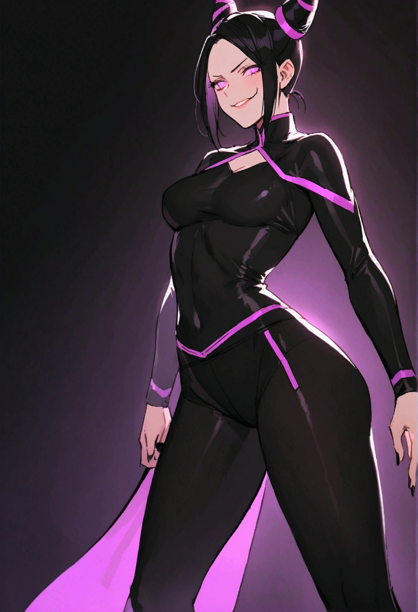 juri han,beautiful young fitness woman with ,dressing May in black pantyhose, Tight black shirt. standing alone,hair horns,glowing purple eyes,Evil smile,legging preto juri han,labiaa
