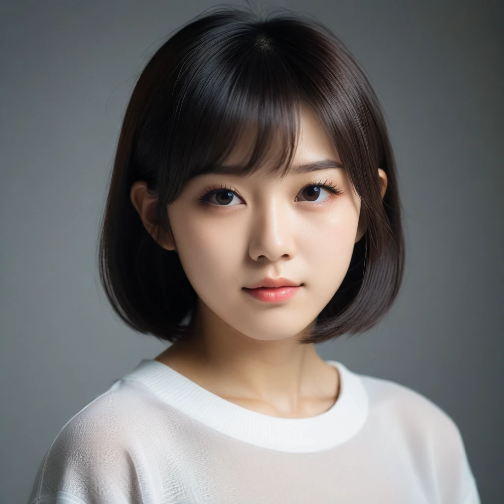 8k, Ultra-high resolution, Highest quality, masterpiece, 三分割法によるphotograph,Surreal, photograph, 1 Girl, (16 years old:1.3), pretty girl, Cute Face, Beautiful eyes in every detail, 細かくdetailedに,masterpiece,One Girl:1.2,Japan Female Teachers,extream close up,sad,glaring,Black short hair,Bob with bangs,(印象派の美しい少女のPortraiture),(Impressionist light and colour), (Avant-garde attire:1.3),(Fairy,Shiny Hair, Beautiful dark eyes, So cute and beautiful,16 years old, ), (smile:0.8),Sharp contours,Looking down, (A future never imagined), ((Abstract background)), Light from above, Low contrast, (Side view),, Perfect and beautiful face ,完璧でCute Face, Skin with attention to detail, Perfect limbs、Narrow waist,Looking at the audience,(((Ideal body type))),A cup small breasts :2,Portraiture:2,Perfect Anatomy,鮮明なdetailed,detailed,Surreal,Light and shadow,stage lights