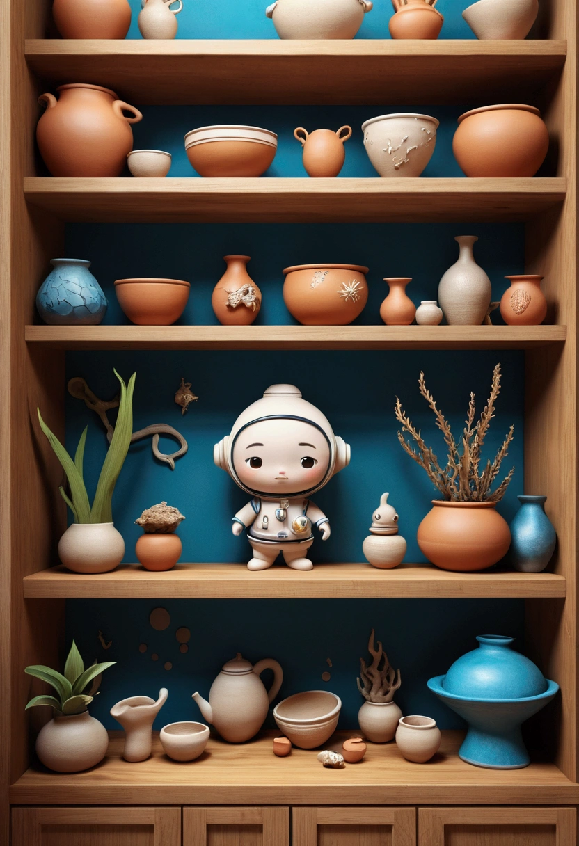 Put all surrounding cabinets with fixtures., clay pots, ceramic bowls, driftwood, A deep sea diver holding the artifacts upstream., cute digital paintings, cartoon characters, cute 3D renderings, clay characters, clay animations, cute detailed digital art, 3D characters