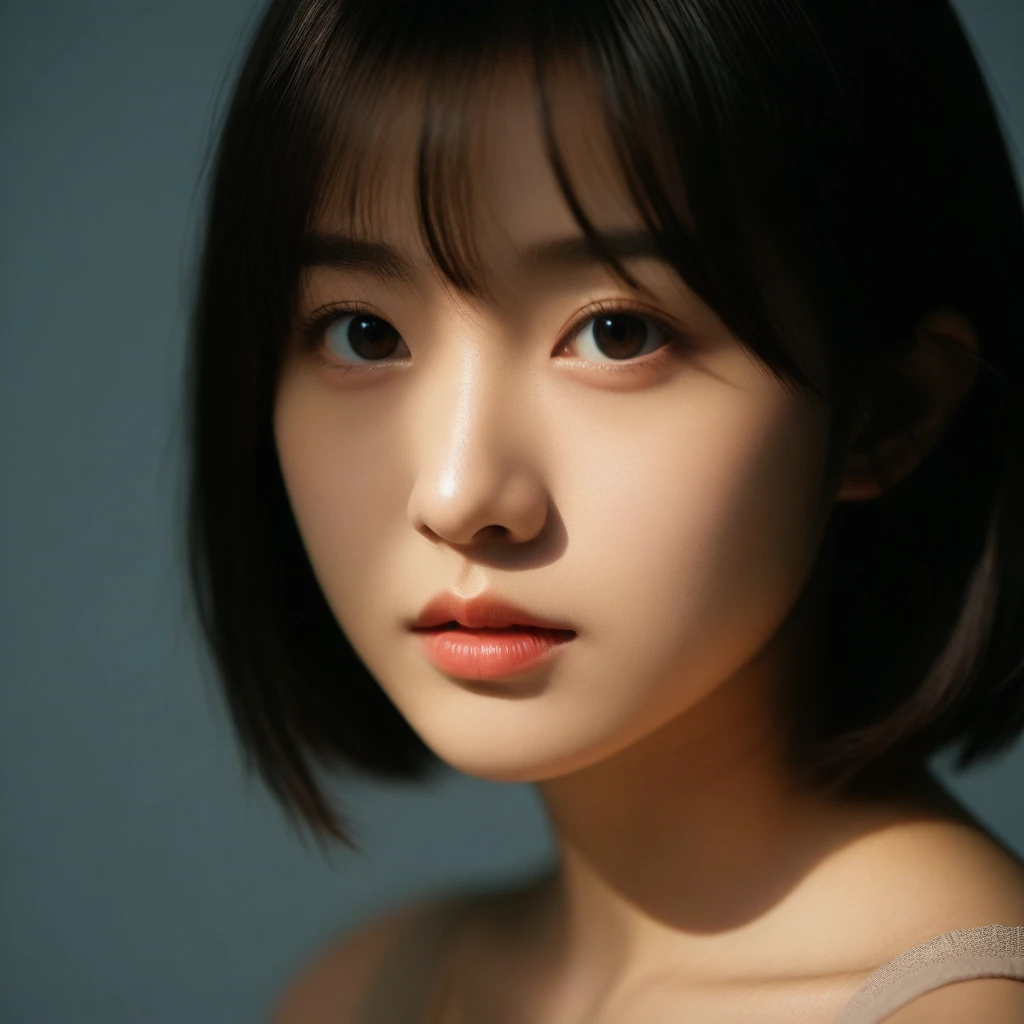 8k, Ultra-high resolution, Highest quality, masterpiece, 三分割法によるphotograph,Surreal, photograph, 1 Girl, (:1.3), pretty girl, Cute Face, Beautiful eyes in every detail, 細かくdetailedに,masterpiece,One Girl:1.2,Japan Female Teachers,extream close up,sad,glaring,Black short hair,Bob with bangs,(印象派の美しい少女のPortraiture),(Impressionist light and colour), (Avant-garde attire:1.3),(Fairy,Shiny Hair, Beautiful dark eyes, So cute and beautiful,16 years old0.8),Sharp contours,Looking down, (A future never imagined), ((Abstract background)), Light from above, Low contrast, (Side view),, Perfect and beautiful face ,完璧でCute Face, Skin with attention to detail, Perfect limbs、Narrow waist,Looking at the audience,(((Ideal body type))),A cup small breasts :2,Portraiture:2,Perfect Anatomy,鮮明なdetailed,detailed,Surreal,Light and shadow,stage lights