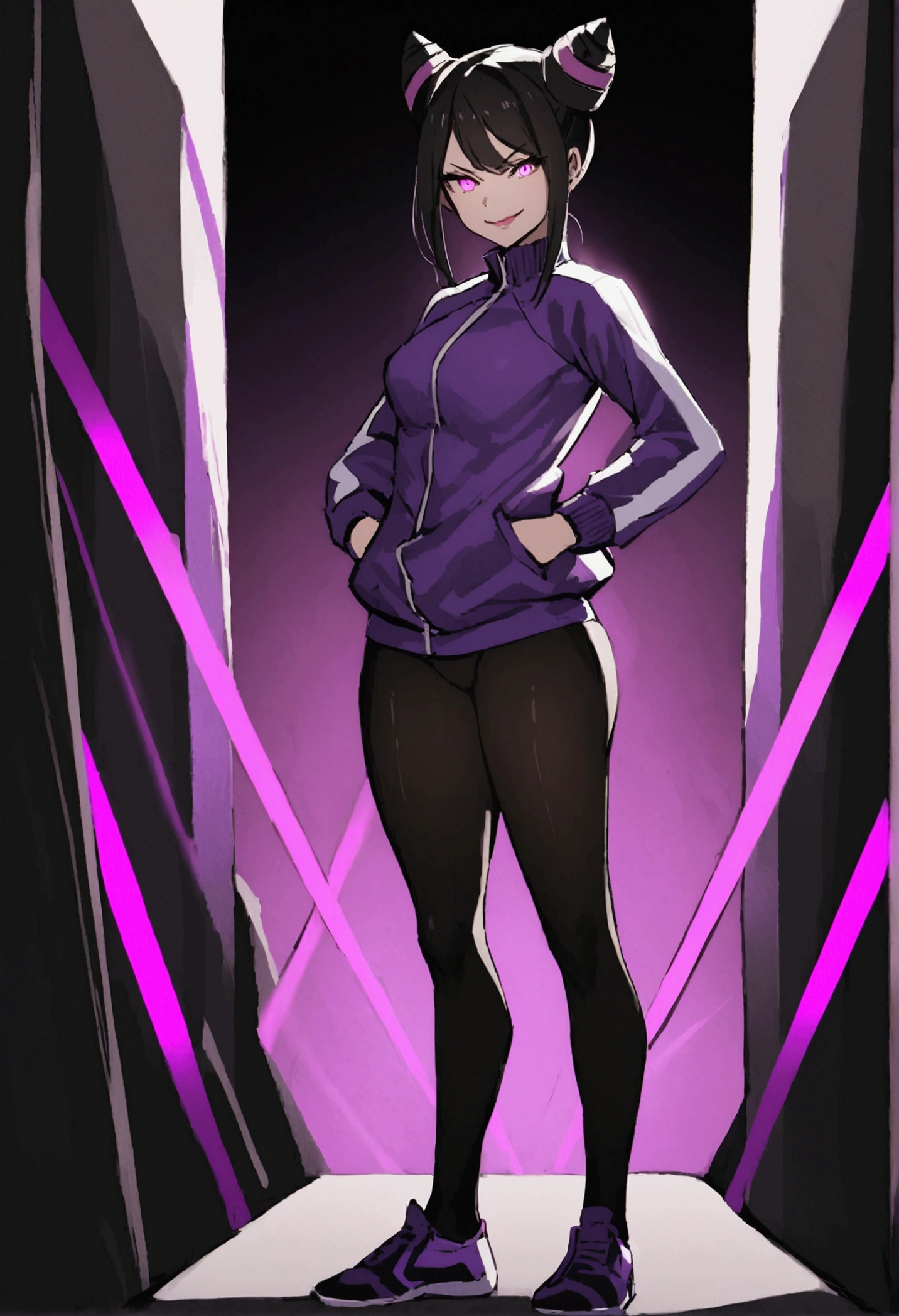 beautiful young fitness woman with , in a gym wearing May with black pantyhose, tight white and purple gym jacket. standing alone,hair horns,glowing purple eyes,Evil smile,legging preto juri han,labiaa
