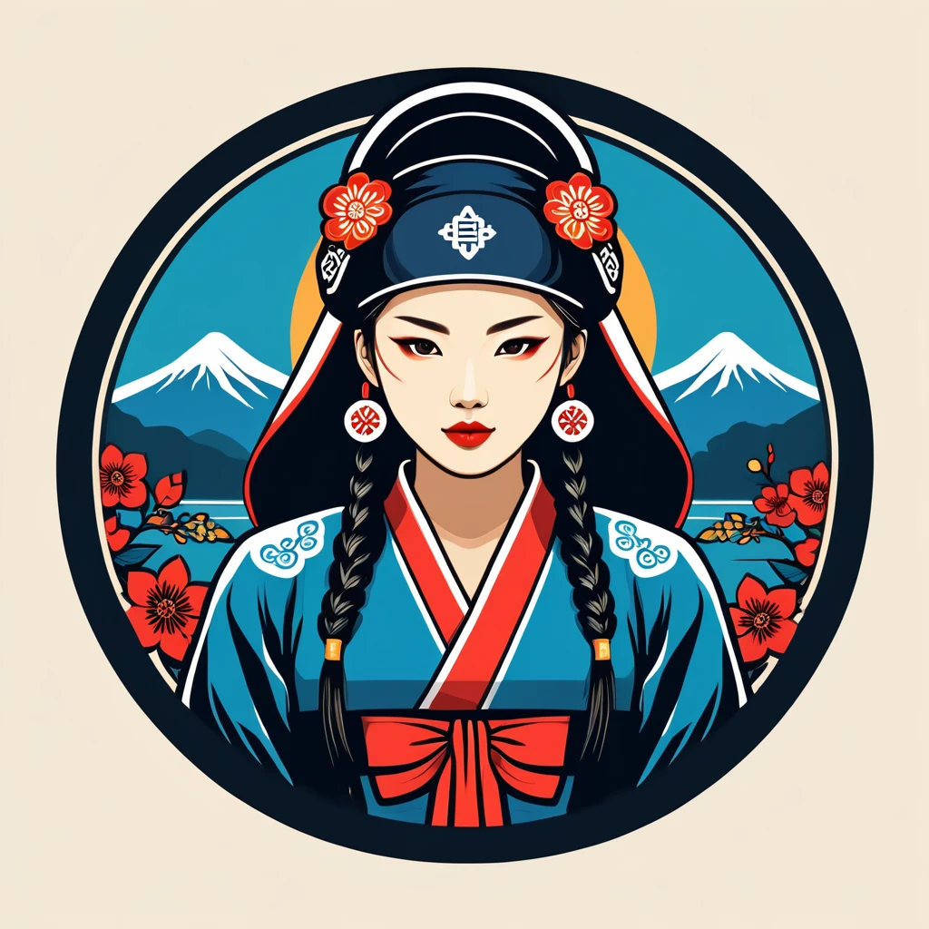 female hacker in korean folk outfit ,vector graphics, strong contours, logo design