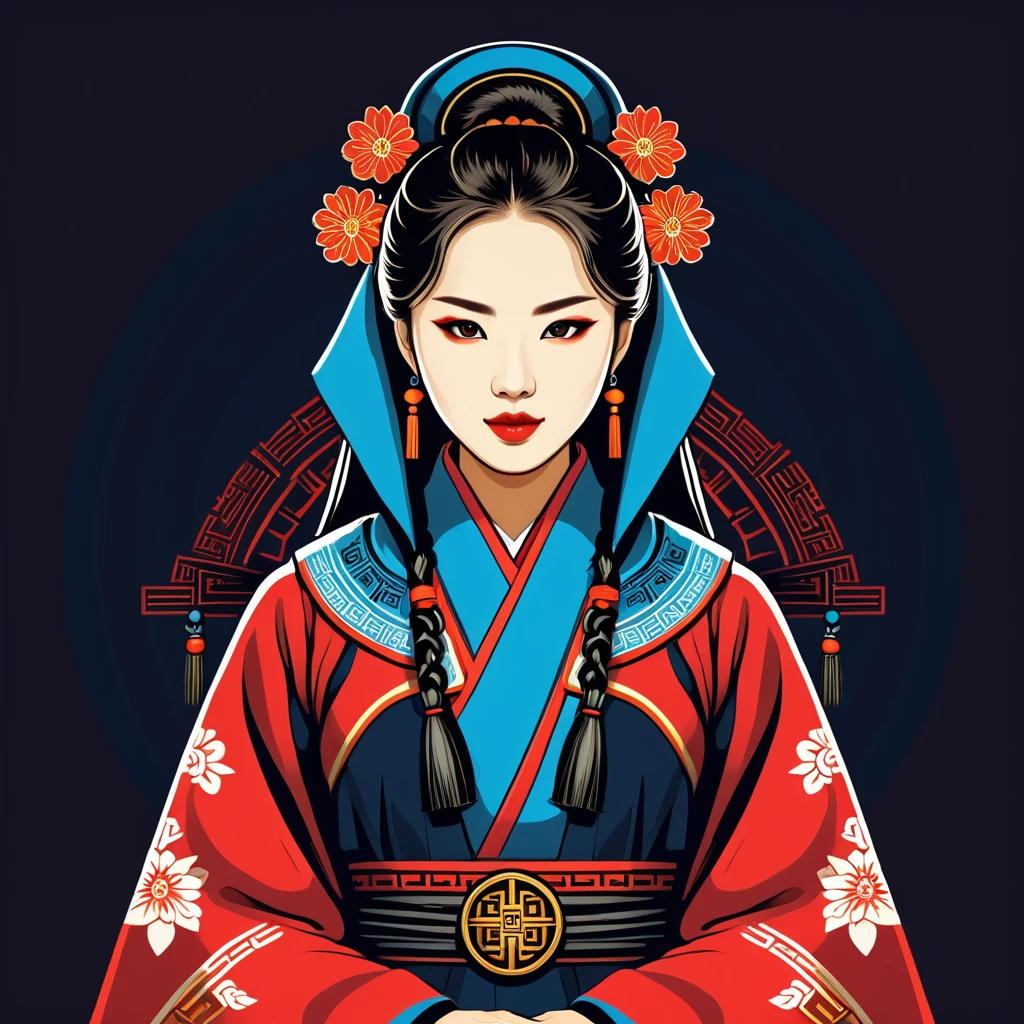 female hacker in korean folk outfit ,vector graphics, strong contours, logo design