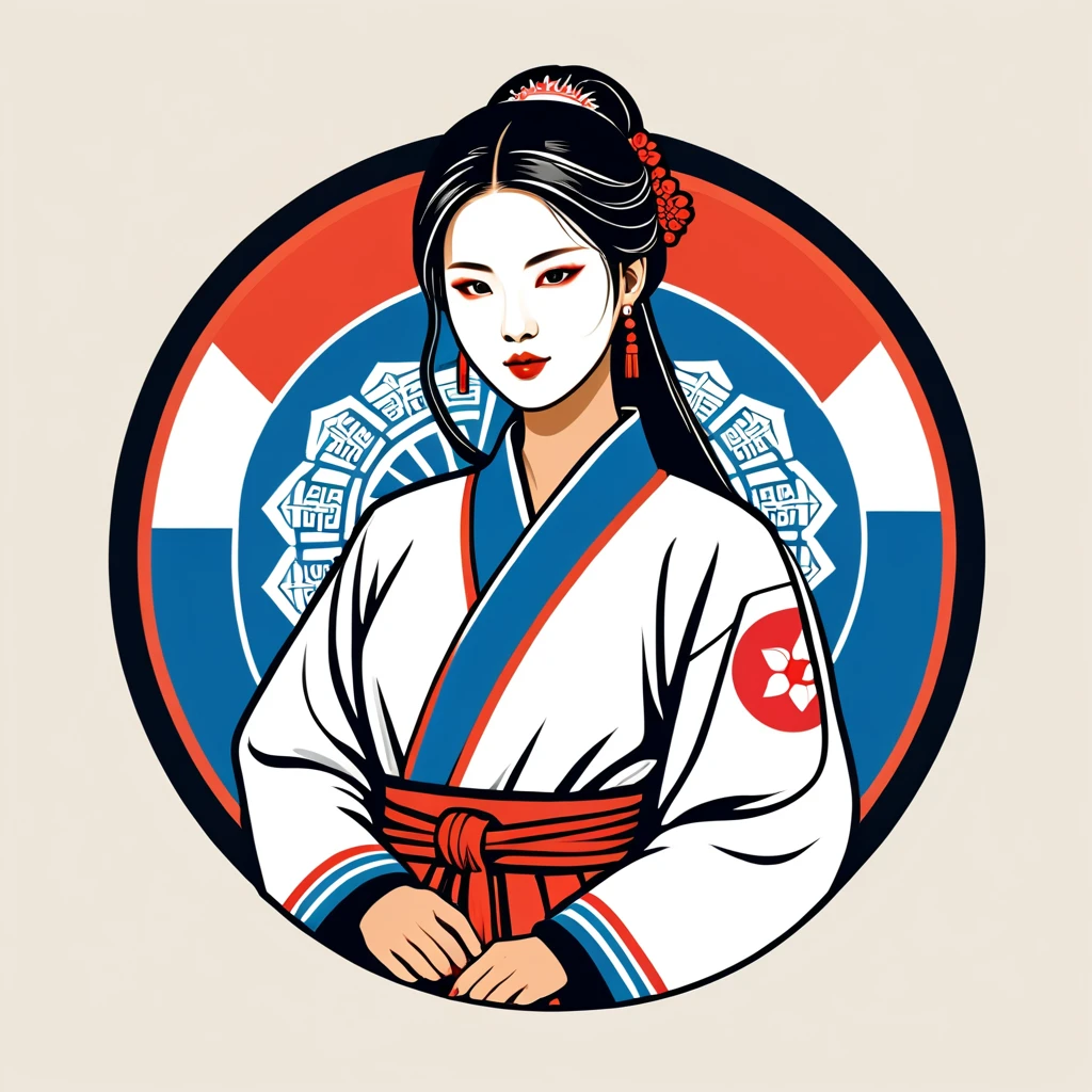 female hacker in korean folk outfit ,vector graphics, strong contours, logo design