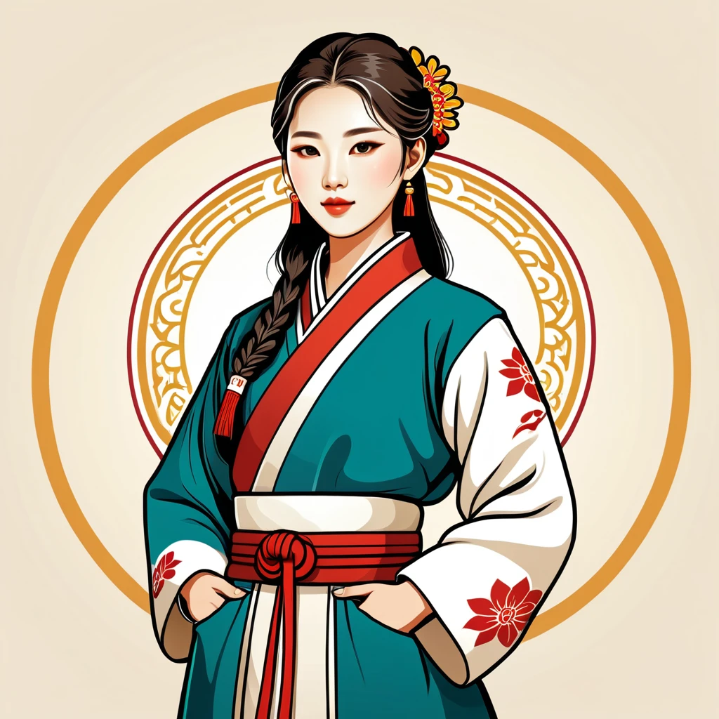 female healer in korean folk outfit ,vector graphics, strong contours, logo design