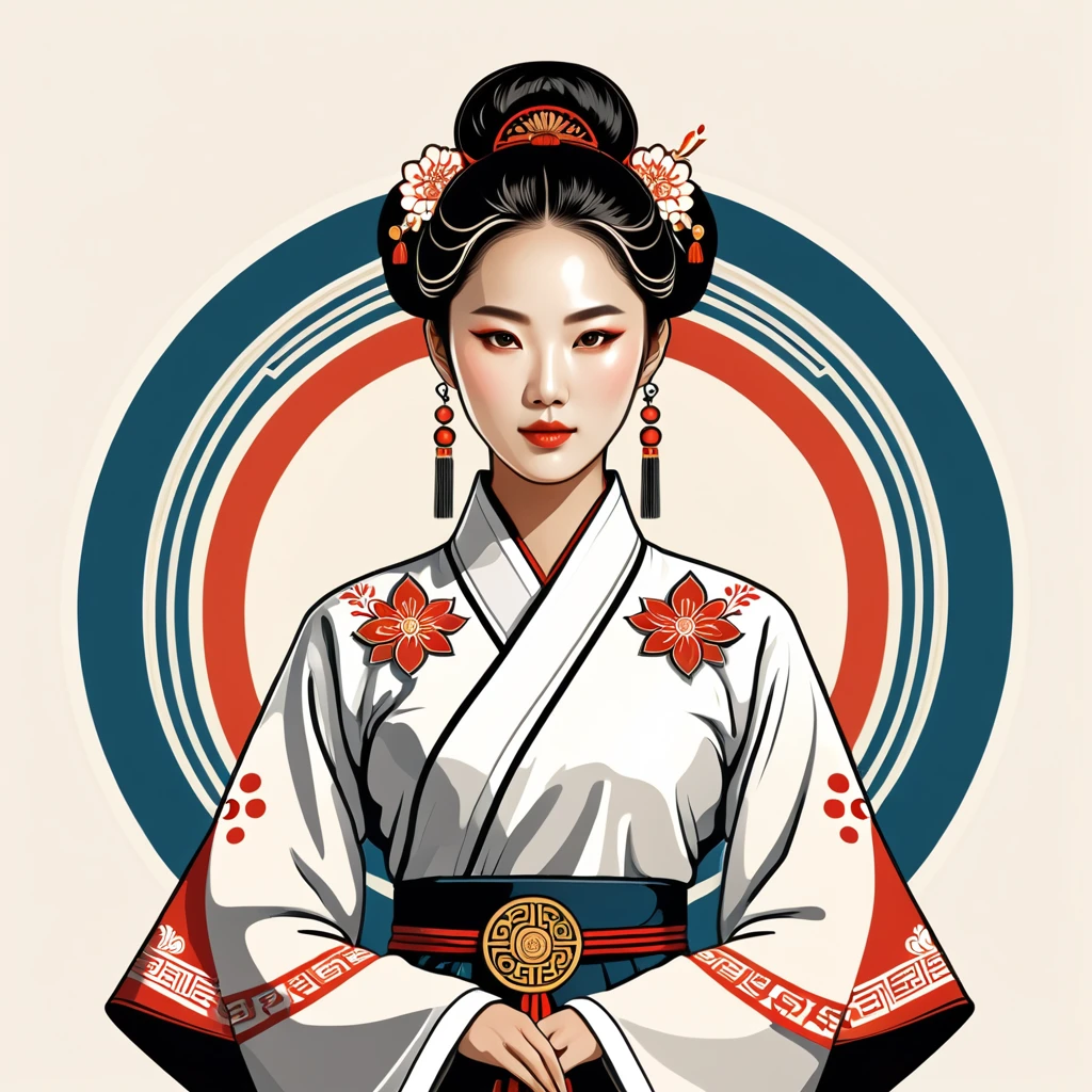 female illusionist in korean folk outfit ,vector graphics, strong contours, logo design