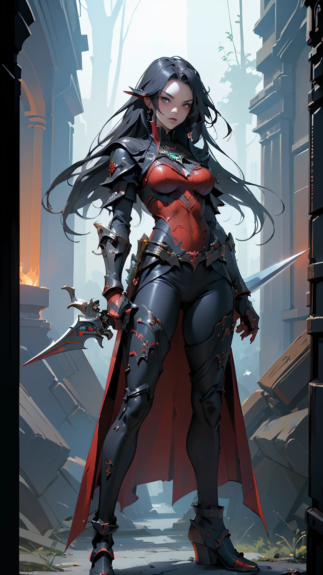 (((masterpiece, best quality, high detailed, 8k))) Design a layout showcase Gaming character, (1girl). Red|Black clothes, stylish and unique. ((showcase weapon:1.4)), enchanted sword. (masterpiece:1.2), (best quality), 4k, ultra-detailed. (Step by step design, layout art:1.5), (luminous lighting, atmospheric lighting). warrior, ((glove full hands)), (((revealing clothes:1.3))), vambraces, armored legwear, (((full_body_shot:1.4))). {In a mystical forest}.
