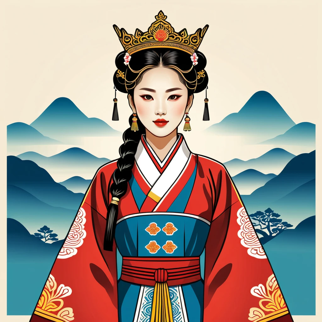 female king in korean folk outfit ,vector graphics, strong contours, logo design
