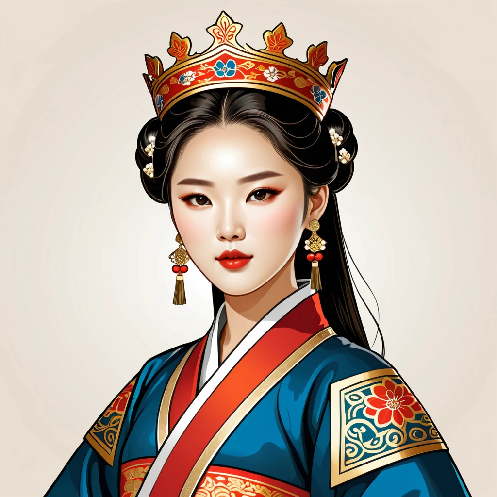 female king in korean folk outfit ,vector graphics, strong contours, logo design