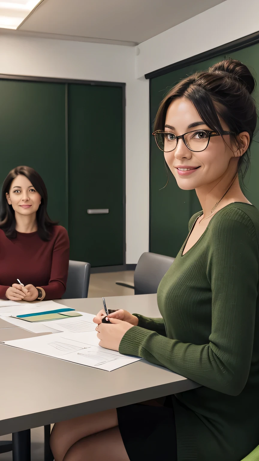 A realistic-style character, a 35-year-old woman with dark green hair and brown streaks, wearing thin glasses, displaying a serious and charming smile. She is attractive and sexy, with green eyes, dressed casually, with her hair in a high bun. She is in a meeting room, leading a meeting with an architect. The room should have a modern design with a conference table, chairs, and a whiteboard or screen displaying architectural plans. Cassie is standing confidently at the head of the table, actively engaging with the architect. The camera angle should be directly facing her, with her looking straight at the camera. 8k resolution, photorealistic. Ensure the background and details reflect a professional and collaborative environment.