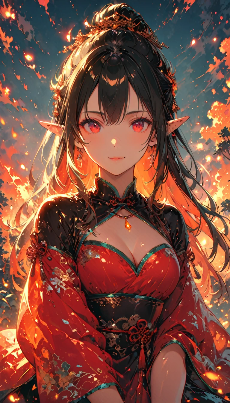 ((half body Portrait of a fire elf)), red flowing hair, shiny red eyes,( medium length pointy ears),orange fire around, flaming theme, burning atmosphere, (detailed sexy Chinese style costume:1.2), red glowing tattoos, orange crystal jewelry, light smile, mature body, colorful ,by Mappa studios,masterpiece,best quality,official art,illustration,ligne claire,(cool_color),perfect composition,absurdres, fantasy,focused,rule of third, close up portrait 