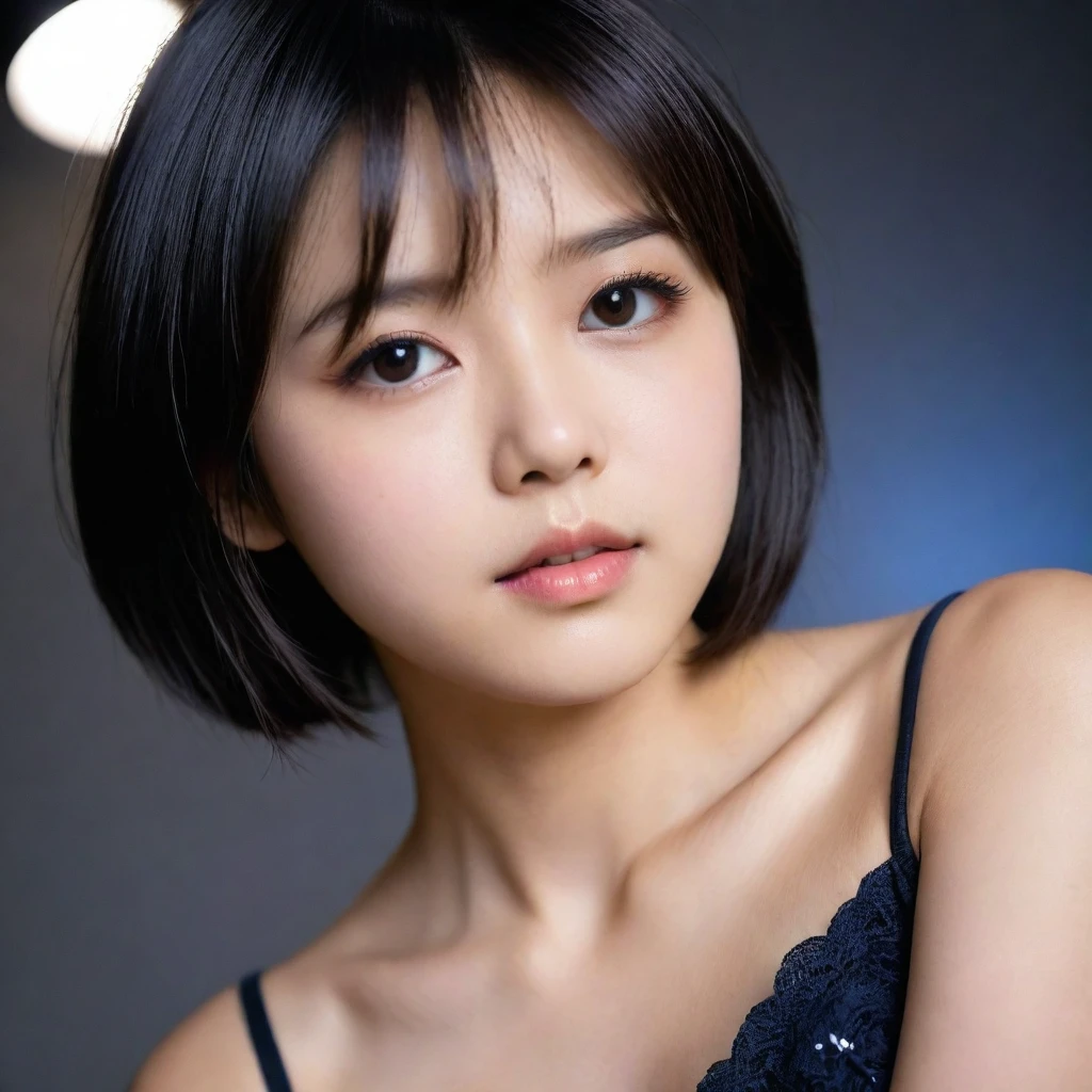 8k, Ultra-high resolution, Highest quality, masterpiece, 三分割法によるphotograph,Surreal, photograph, 1 Girl, (16 years old:1.3), pretty girl, Cute Face, Beautiful eyes in every detail, 細かくdetailedに,masterpiece,One Girl:1.2,Japan Female Teachers,extream close up,sad,glaring,Black short hair,Bob with bangs,(印象派の美しい少女のPortraiture),(Impressionist light and colour), (Avant-garde attire:1.3),(Fairy,Shiny Hair, Beautiful dark eyes, So cute and beautiful,16 years old, ), (smile:0.8),Sharp contours,Looking down, (A future never imagined), ((Abstract background)), Light from above, Low contrast, (Side view),, Perfect and beautiful face ,完璧でCute Face, Skin with attention to detail, Perfect limbs、Narrow waist,Looking at the audience,(((Ideal body type))),A cup small breasts :2,Portraiture:2,Perfect Anatomy,鮮明なdetailed,detailed,Surreal,Light and shadow,stage lights