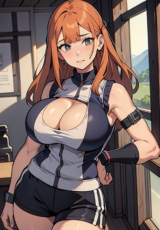 SASAMEFUUMA, Sleeveless, vest,Shorts, 1girll, Solo, facingviewer, view the viewer, Upper body, huge tit, Crazy swollen breasts, Slimming the waist, Buttock augmentation, Fitness model, Accurately depict the hand, Ruddy cheeks, A shy and nervous expression, perspire, In the countryside