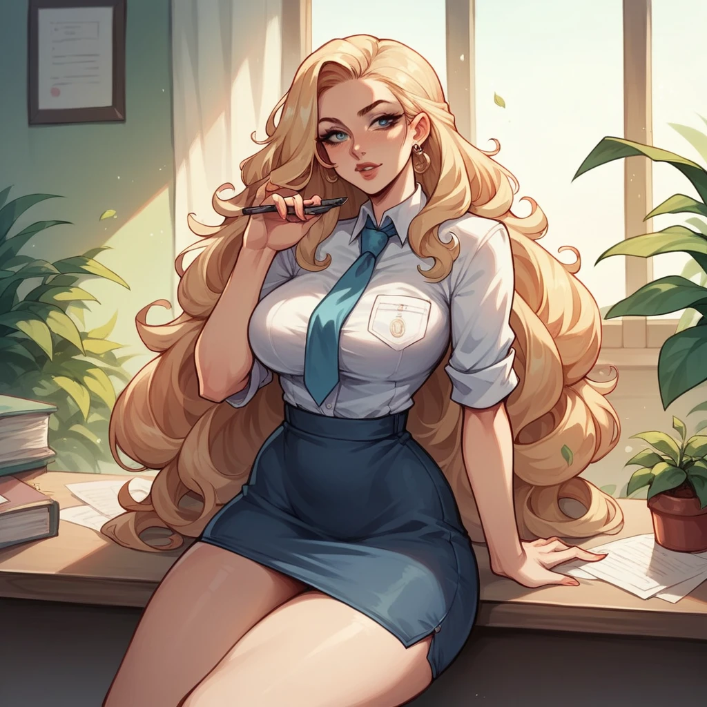 Beautiful woman 25 years old, not very high, long curly light blonde hair, Thin waist, big tits, well-shaped and large hips. She wears a secretary uniform with a tie, she leaves the office, very annoying