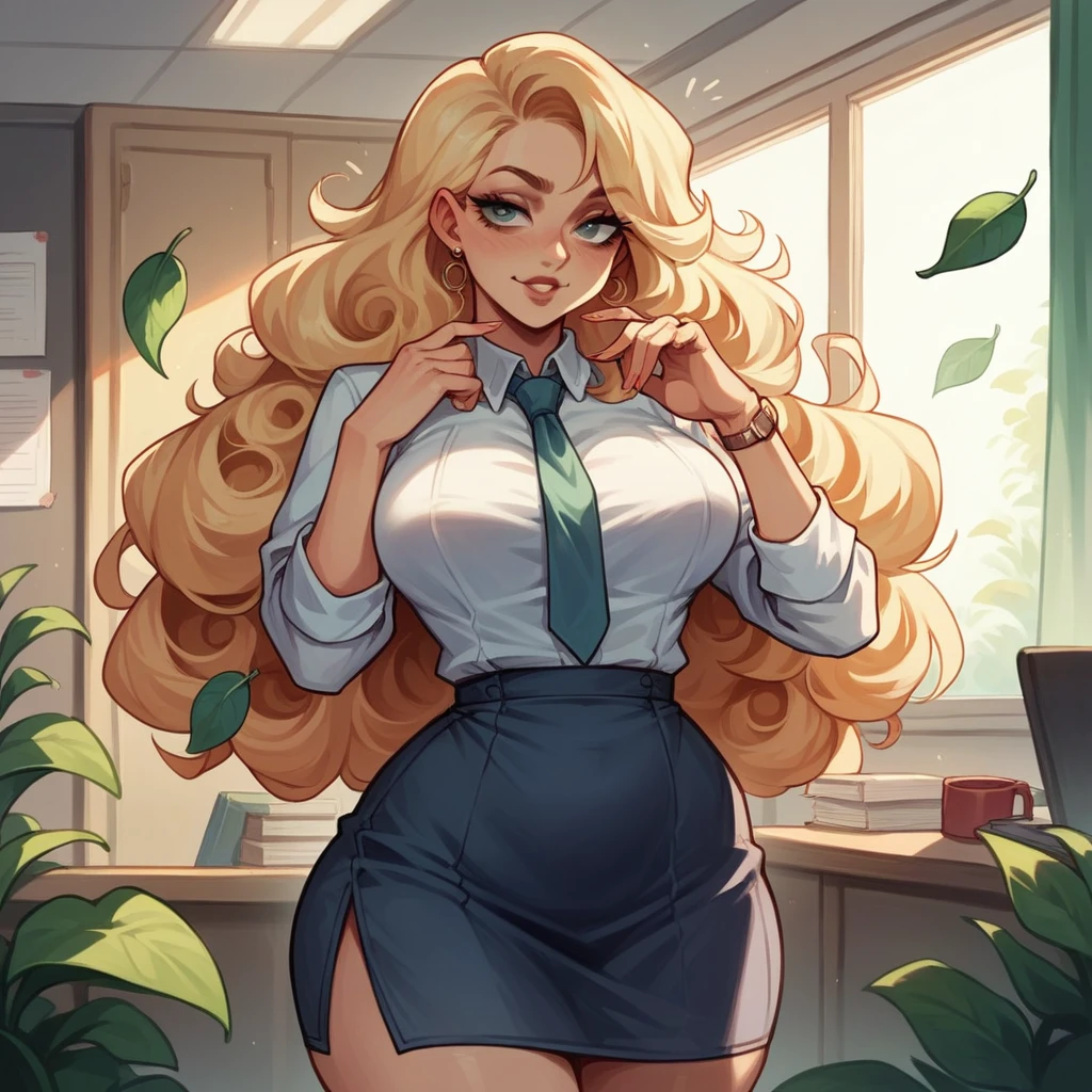 Beautiful woman 25 years old, not very high, long curly light blonde hair, Thin waist, big tits, well-shaped and large hips. She wears a secretary uniform with a tie, she leaves the office, very annoying