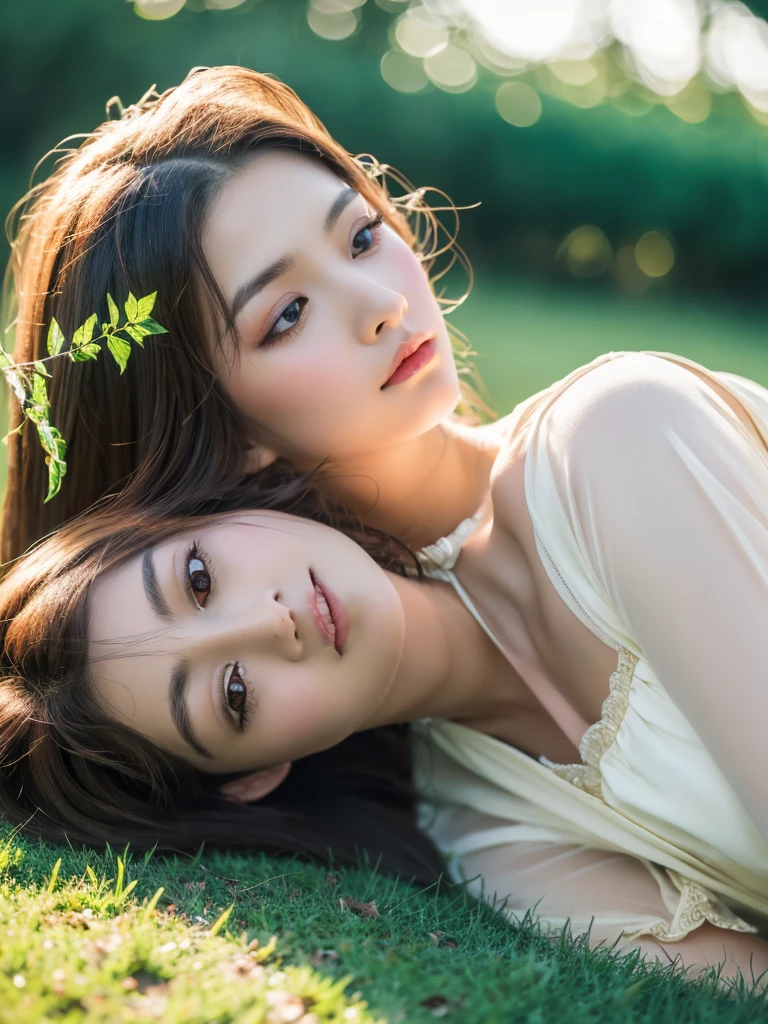 1 asian girl lying on grass, short hair, elf dress, beautiful detailed eyes, beautiful detailed lips, extremely detailed face and eyes, long eyelashes, serene expression, natural lighting, (best quality,4k,8k,highres,masterpiece:1.2),ultra-detailed,(realistic,photorealistic,photo-realistic:1.37),intricate details,delicate features,soft colors,warm lighting,fantasy,whimsical,magical realism