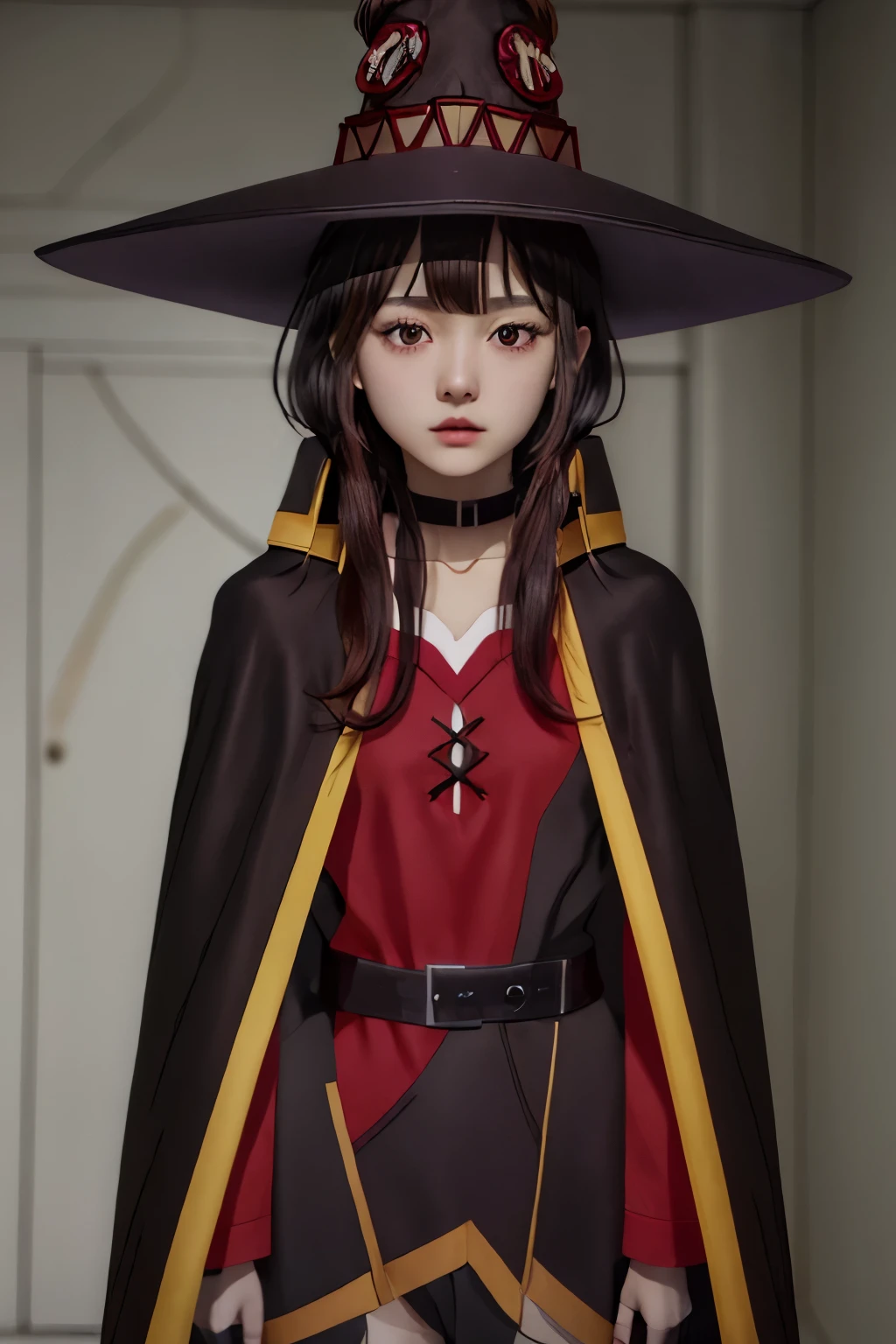 best qualityer, work of art, high resolution, standing alone, {Megumin_Kophisuba:1.15}, 小柄_body hair, maroon_body hair, rot_eyeballs, 小柄_body hair_featuring_far away_locks, hphi, witch_hphi, cape, blackw_body hair, avo_gura, 1 girl, collared, choker, don, sidelocks, blackw_cape, アニメ_Coloring, upper_cos, bangss, collaredbone, gazing_phi_viewer