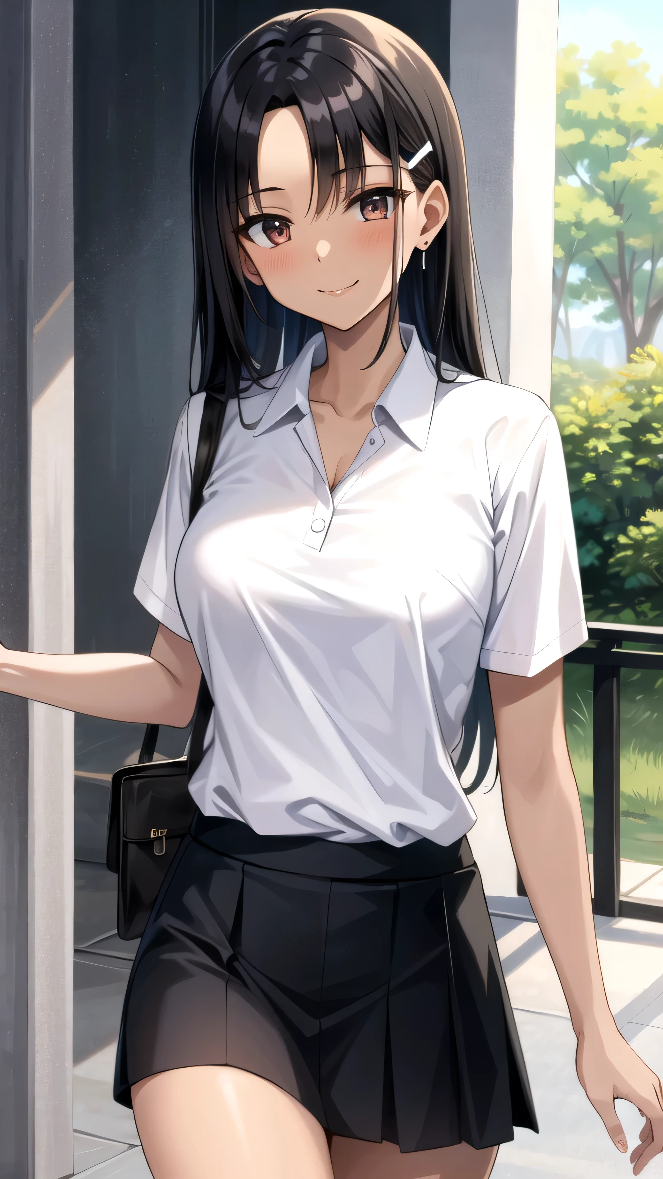 ((best quality)), ((masterpiece)), (details), one girl, sexy ((best quality)), ((masterpiece)), (details), one girl, sexy ((best quality)), ((masterpiece)), (details), one girl, full body, sexy expensive body, expensive, long legs, mature woman, mature, adult, it_nagatoro_main, Hayase Nagatoro, one girl, blushing, alone, white polo shirt, short sleeves, black hair,brown eyes, hair accessory, looking at viewer, hair clip, smiling, long hair, dark skinned woman, dark skin, , bangs, daytime, skirt, collared shirt, collarbone, ear clip, mouth closed, tree, asymmetrical bangs, upper body
