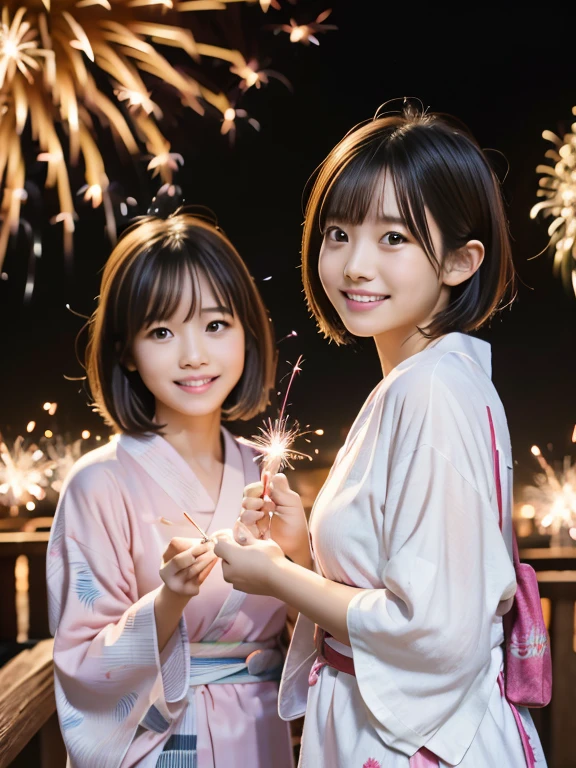 ２People Girls, Light pink Japanese yukata、16 and 14 years old、geta、Riverbank、Wooden bridge in the background、(((Enjoying sparklers together)))、night、Short Hair、bangs、A large pink monochromatic flower pattern on a yukata、Very cute face、Very cute smile、night、depth of field, first-person view, f/1.8, 135mm, Nikon, UHigh resolution, retina, masterpiece, Accurate, Anatomically correct, Attention to detail, Super Detail, high quality, 最high quality, High resolution, 1080P, High resolution, 4K, 8k