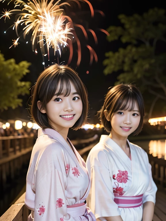 ２People Girls, Light pink Japanese yukata、16 and 14 years old、geta、Riverbank、Wooden bridge in the background、(((Enjoying sparklers together)))、night、Short Hair、bangs、A large pink monochromatic flower pattern on a yukata、Very cute face、Very cute smile、night、depth of field, first-person view, f/1.8, 135mm, Nikon, UHigh resolution, retina, masterpiece, Accurate, Anatomically correct, Attention to detail, Super Detail, high quality, 最high quality, High resolution, 1080P, High resolution, 4K, 8k