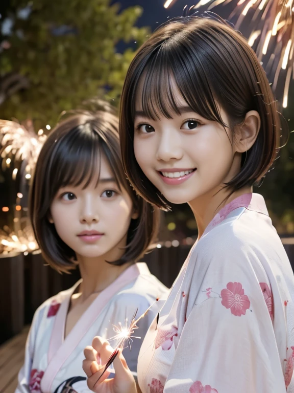 ２People Girls, Light pink Japanese yukata、16 and ************、geta、Riverbank、Wooden bridge in the background、(((Enjoying sparklers together)))、night、Short Hair、bangs、A large pink monochromatic flower pattern on a yukata、Very cute face、Very cute smile、night、depth of field, first-person view, f/1.8, 135mm, Nikon, UHigh resolution, retina, masterpiece, Accurate, Anatomically correct, Attention to detail, Super Detail, high quality, 最high quality, High resolution, 1080P, High resolution, 4K, 8k