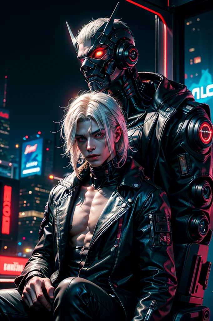 "dark theme :: closeup face focus, ultra realistic futuristic cyberpunk muscular male white hair sitting :: cyberpunk face (cyber eyes) :: cool cybernetic punk jacket red neon eyes :: shirtless:: mechanical intricate mask :: natural lighting :: bokeh :: 8k :: best quality :: masterpiece :: futuristic cityscape background"