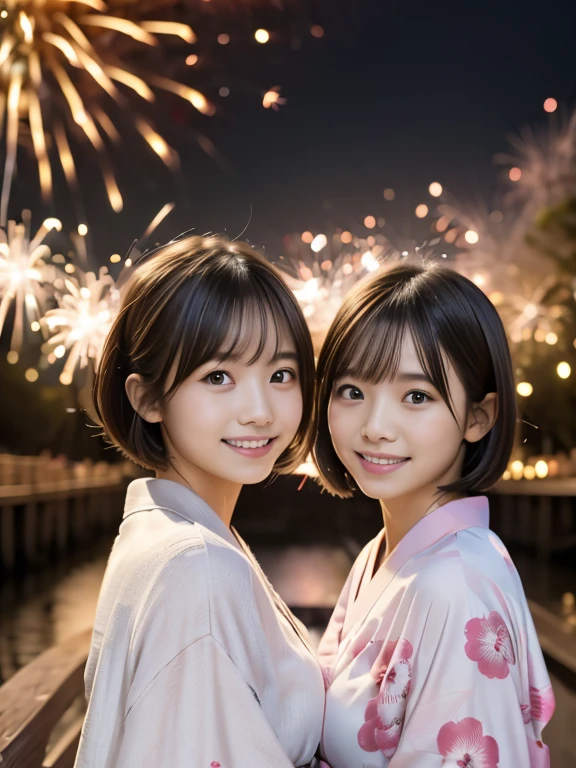 ２People Girls, Light pink Japanese yukata、16 and 14 years old、geta、Riverbank、Wooden bridge in the background、(((Enjoying sparklers together)))、night、Short Hair、bangs、A large pink monochromatic flower pattern on a yukata、Very cute face、Very cute smile、night、depth of field, first-person view, f/1.8, 135mm, Nikon, UHigh resolution, retina, masterpiece, Accurate, Anatomically correct, Attention to detail, Super Detail, high quality, 最high quality, High resolution, 1080P, High resolution, 4K, 8k