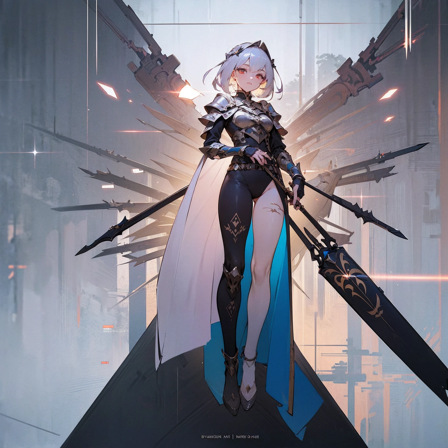 (((masterpiece, best quality, high detailed, 8k))) Design a layout showcase Gaming character, (1girl). Red|Black clothes, stylish and unique. ((showcase weapon:1.4)), enchanted sword. (masterpiece:1.2), (best quality), 4k, ultra-detailed. (Step by step design, layout art:1.5), (luminous lighting, atmospheric lighting). warrior, ((glove full hands)), (((revealing clothes:1.3))), vambraces, armored legwear, (((full_body_shot:1.4))). {In a mystical forest}.
